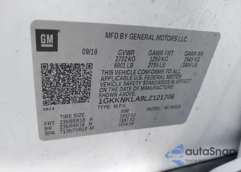 2020 GMC Acadia Fwd Sle z USA, uszkodzony, nr VIN 1GKKNKLA9LZ121706